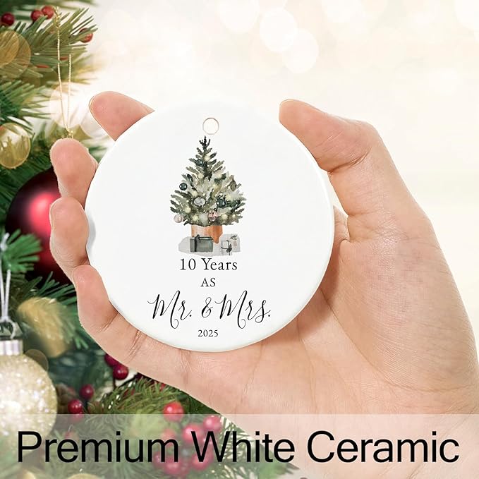 10th Anniversary Ornament Gifts for Couple, 10th Wedding Anniversary for 10 Year as Mr and Mrs Gifts, Ceramic Keepsake 10 Year Anniversary Christmas Ornaments with Ribbon and Box