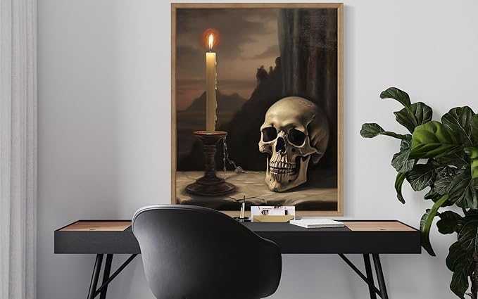 Skull and Candle Poster Art Print, Halloween Scary Vintage Wall Art Academia Spooky Painting Decoration for Horror Prints, Gothic Posters Bedroom Decor 89 (Skull and Candle, 16 x 20 inches, Wood Frame)