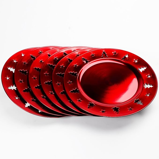 Red Christmas Tree Charger Plates - 13" Reusable Openwork Holidays Party Decorations Round Chargers for Dinner Plate - Elegant Table Setting Centerpieces 6 Pack