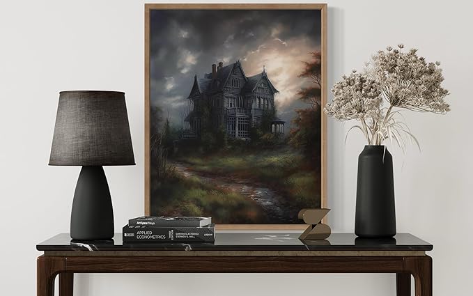 Haunted House Poster Art Print, Halloween Scary Vintage Wall Art Academia Spooky Painting Decoration for Horror Prints, Gothic Posters Bedroom Decor 89 (Haunted House, 8 x 10 inches, Wood Frame)