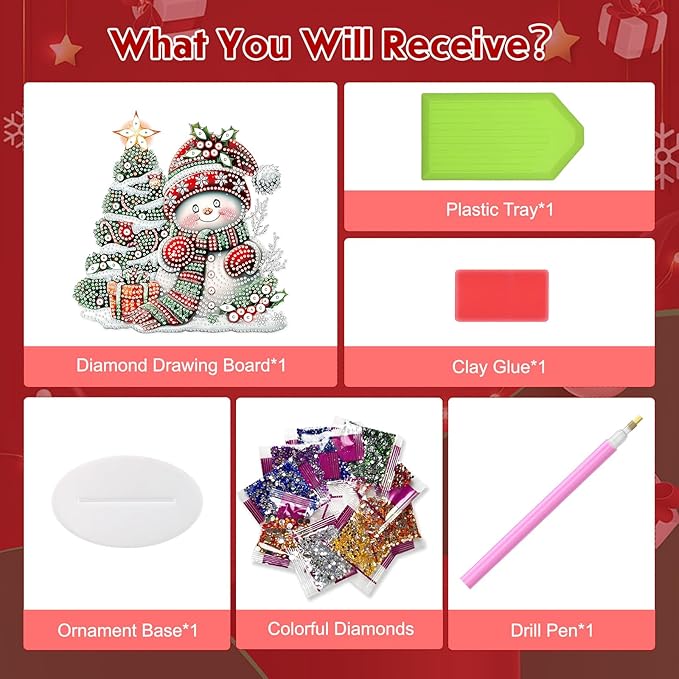 MEIYUDA Christmas Diamond Art Tabletop Kits, Christmas Tree and Snowman Diamond Art Painting Desktop Ornaments for Adult, DIY Special Shaped Crystal Desk Placement Ornament for Home Decor