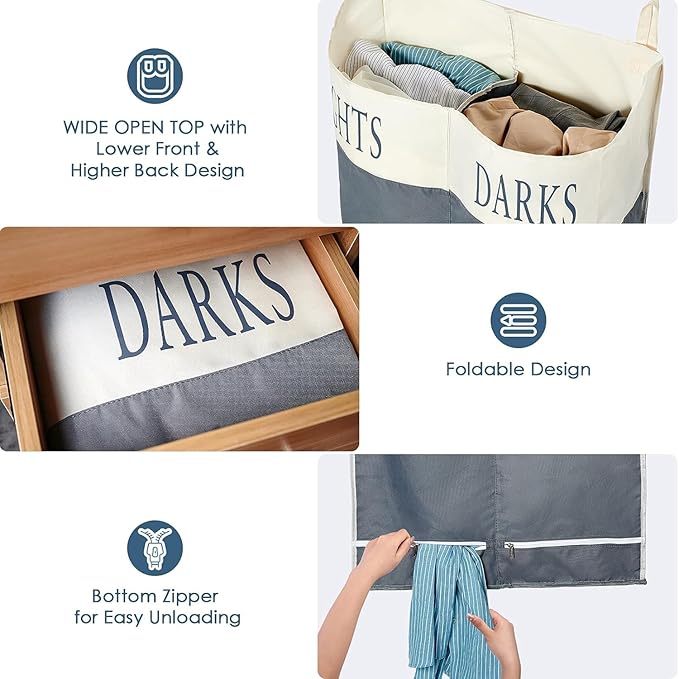 The Fine Living Co. X-Large Two Compartments Hanging Laundry Hamper with Over Door Hooks, Durable Space Saving Laundry Bag Storage with Bottom Zipper, Wide Open Top Dark/Light Compartment(25"x10"x31")