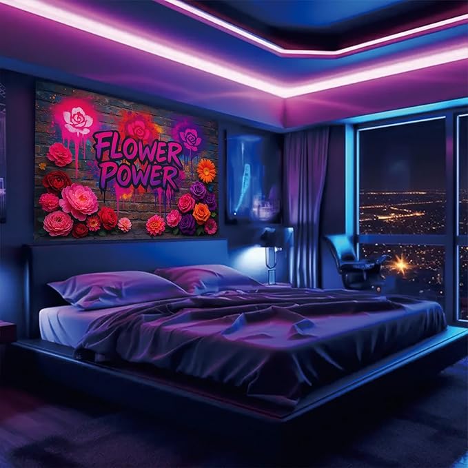 Starlit Patio Flower Power Blacklight Tapestry UV Reactive Wall Hanging Graffiti Brick Wall Roses Spray for Bedroom Dorm Living Room Glowing Retro Aesthetic Decor Fluorescent Trippy Poster 78 x 59 Inc