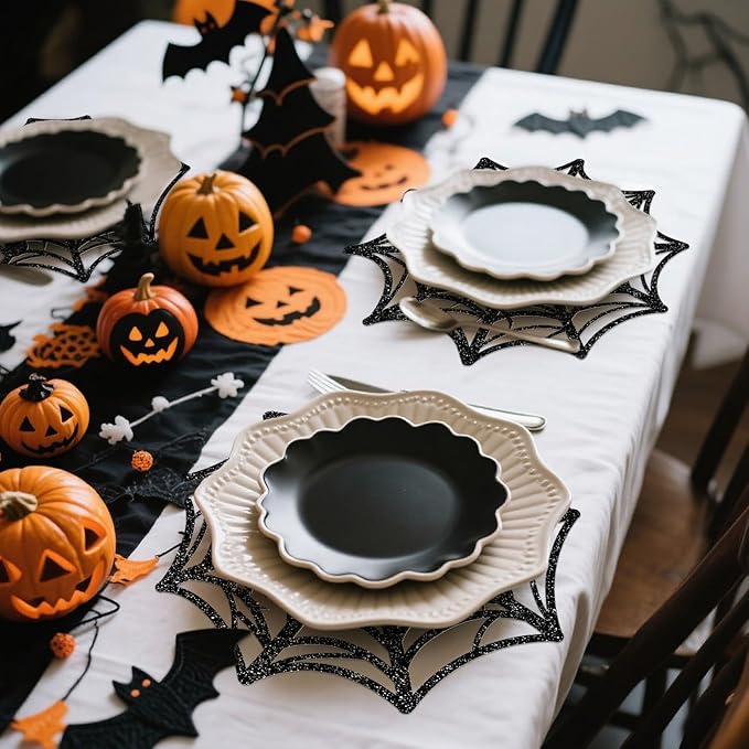 60Pcs Halloween Disposable Paper Placemats Glitter Black Spider Web Dining Table Mat Place Mats for Trick or Treat Party Home Table Setting, 13 x 13 Inch