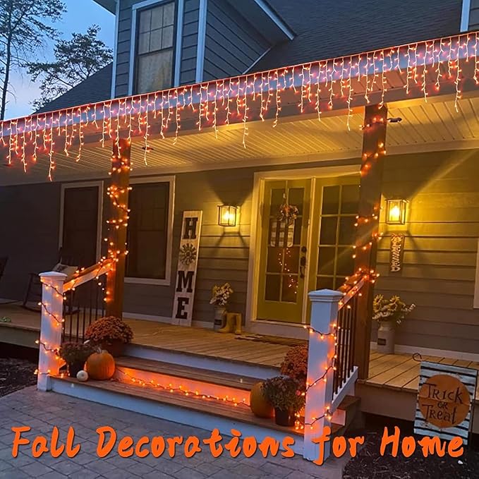 YEGUO 66ft 800 LED Orange Halloween Lights, Connetable Icicle Light Outdoor Waterproof, 8 Modes Christmas Lights Indoor Plug in for Thanksgiving House Patio Fall