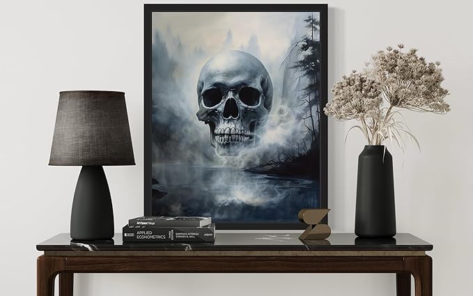 Foggy Skull Poster Art Print, Halloween Scary Vintage Wall Art Academia Spooky Painting Decoration for Horror Prints, Gothic Posters Bedroom Decor 89 (Foggy Skull, 11 x 14 inches, Black Frame)