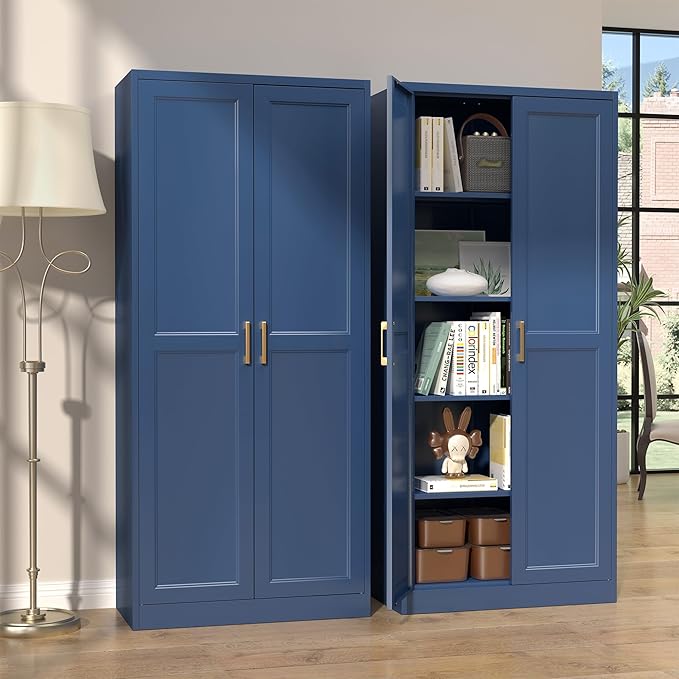 Kitchen Pantry Cabinet,71”Blue Metal Pantry Storage Cabinets with Doors and 4 Adjustable Shelves,Kitchen Cabinet with 2 Gold Handles,Tall Cabinet for Livingroom,