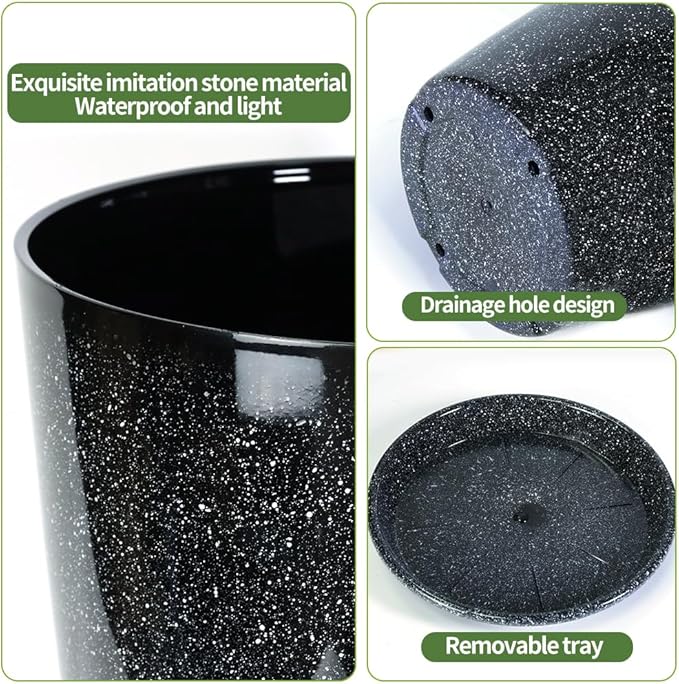 2 Pcs Pack 21 Inches Plastic Resin Tall Tapered Planter Pots Large Round Planter Flower Pot with Drainage Holes for Indoor Outdoor Deck Porch Garden Home Patio Front Door (Black, L)