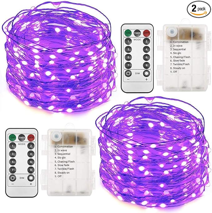 Twinkle Star 2 Pack Halloween Fairy Lights Battery Operated, Total 66 ft 200 Led String Lights Remote Control Timer Twinkle String Lights 8 Modes Firefly Lights for Garden Party Indoor Decor, Purple