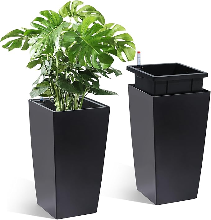 16" Tall Planters Set of 2, Outdoor&Indoor Black Planter Pots, High Front Porch Planter Pots with Drainage Holes&Water Level Monitor&Inner Bucket, Automatic Watering,Black