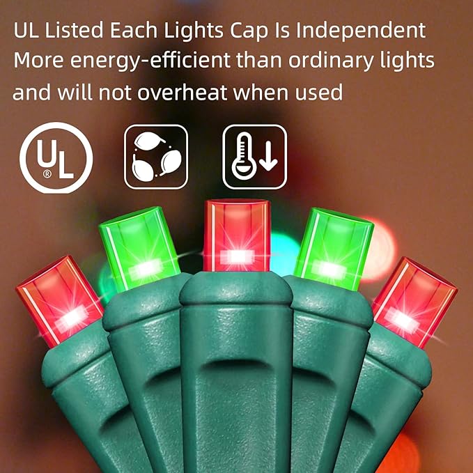 100Count (2pk of 50L) String Lights, LED Christmas Lights, 6" SPACING,Green Wire,Red and Green