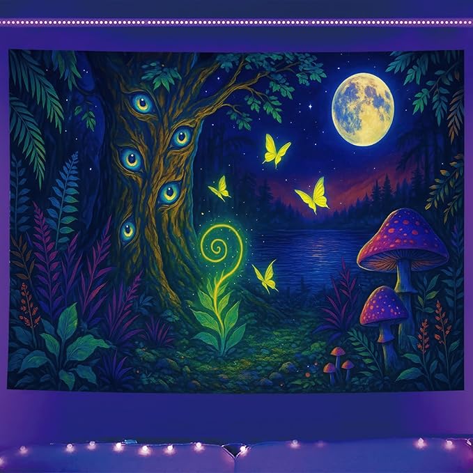 Starlit Patio Fantasy Forest Blacklight Tapestry UV Reactive Wall Hanging Glowing Tree Eyes Butterflies Mushrooms Moon for Bedroom Dorm Living Room Psychedelic Nature Decor Fluorescent Poster 78 x 59 Inch