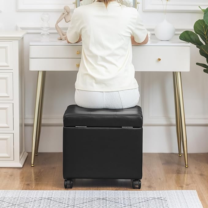 Adeco 17.7" Leather Ottoman with Wheels, Black Square Rolling Ottoman with Storage, Upholstered Button Tufted Vanity Stool with Hinged Lid for Living Room, Bedroom, Dorm