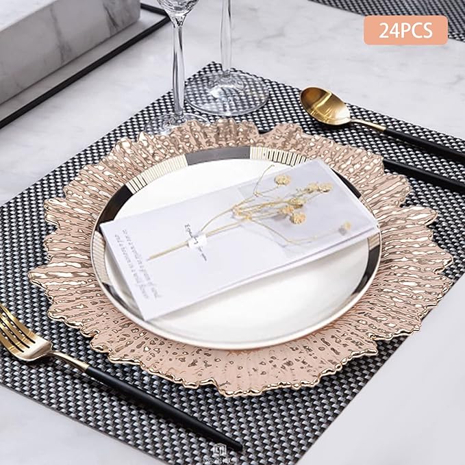 Antique Charger Plates Set 13'' Round Embossed Dinner Plate Chargers Plastic Elegant Floral Plates for Dinner Wedding Party Event Table Kitchen Decoration 24PCS (Rose 24Pcs)