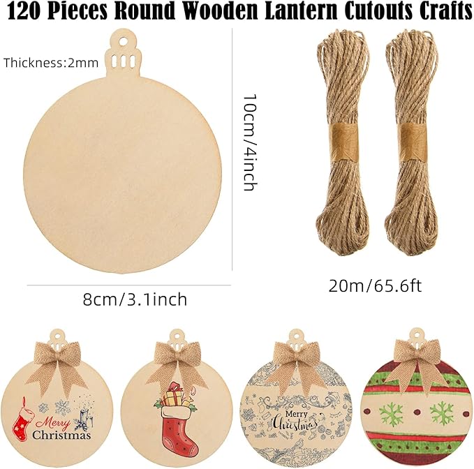 120 Pcs Wooden Christmas Ornaments Unfinished Wooden Circles with Holes Blank Round Wood Discs Slices Wooden Christmas Hanging Ornaments with Twine for DIY Crafts Present Tags Xmas Party Decor,3.1x4