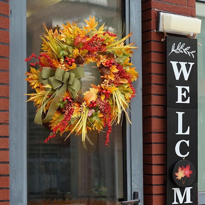 24 Inch Fall Wreaths for Front Door Outside– Artificial Silk Autumn Door Wreath with Green Bow, Maple Leaves, Pine Cones, Red Berries– Indoor Outdoor Thanksgiving Farmhouse Home Wall Decor