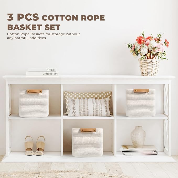danpinera Set of 3 11 Inch Storage Baskets, Cube Storage Bins, White Woven Baskets with Stable Leather Handles, Square Cotton Rope Bins for any Room, Easy to Recover