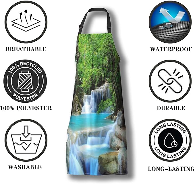 Kitchen Apron for Men Waterfalls Forest Creek Landscape Trees Cooking Aprons for Women for Cooking Restaurant BBQ Painting Crafting Gardening 27” (W) x 31” (H), Waterproof Aprons