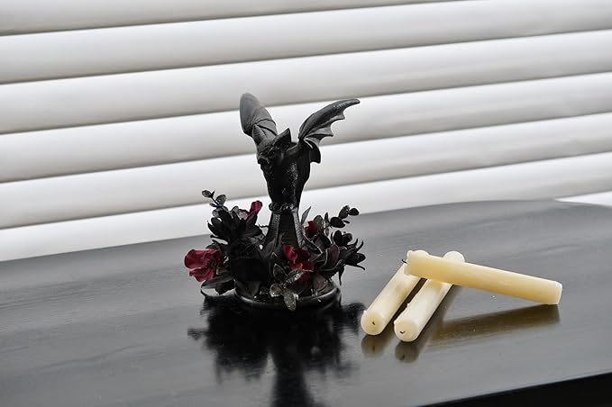 Bat Shaped Halloween Candle Holder, Black Resin Candlestick Holder with Black&Burgundy Artificial Flower, Gothic Halloween Decor for Coffee Table/Dining Table Centerpiece, 6" Height