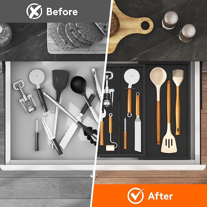 Lifewit Utensil Drawer Organizer, Expendable Cooking Silverware Tray for Kitchen Drawer, Bamboo Adjustable Cutlery Flatware Holder, Spatula Tools and Gadgets Storage Divider, 3 Compartments, Black