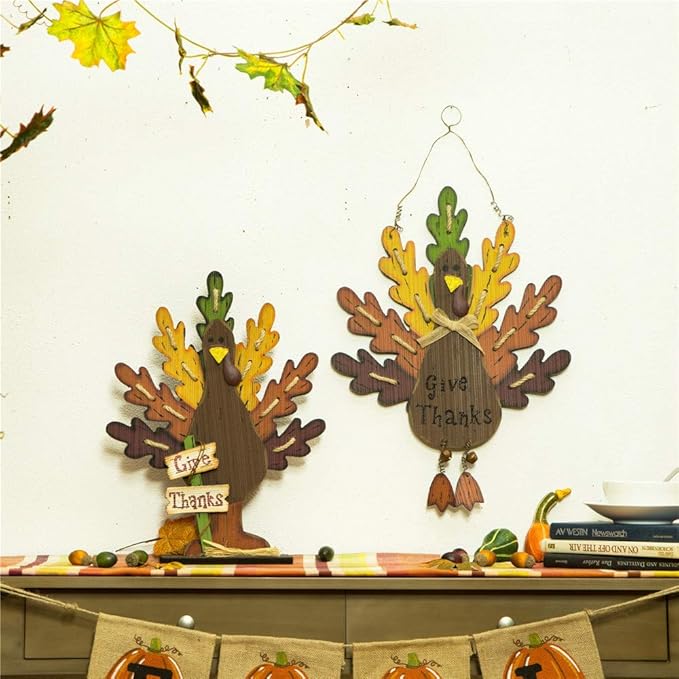 Glitzhome 20.67" H Wooden Turkey Wall Sign, Thanksgiving Front Door Wall Hanging Decor for Indoor Outdoor Thanksgiving Fall Harvest Decoration
