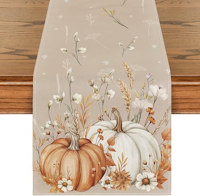 Artoid Mode Pumpkins Leaves Flowers 210 GSM Fall Table Runner, Seasonal Autumn Kitchen Dining Table Decoration for Home Party Decor 13x72 Inch