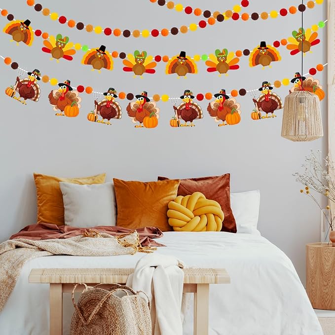 Doumeny 3Pcs Fall Thanksgiving Felt Banner Thankful Felt Turkey Bunting Garland Happy Thanksgiving Hanging Garland Give Thanks Party Banner Pompom Ball Bunting with Turkey for Home Fireplace Decor