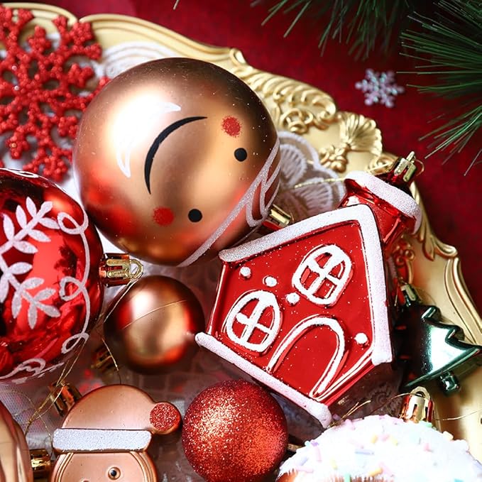 Gingerbread Man Christmas Tree Ball Ornaments Set - 72 ct Red Green Copper Gold Plastic Shatterproof Hanging Ornaments for Xmas Tree Indoor Outdoor Holiday Party Decorations