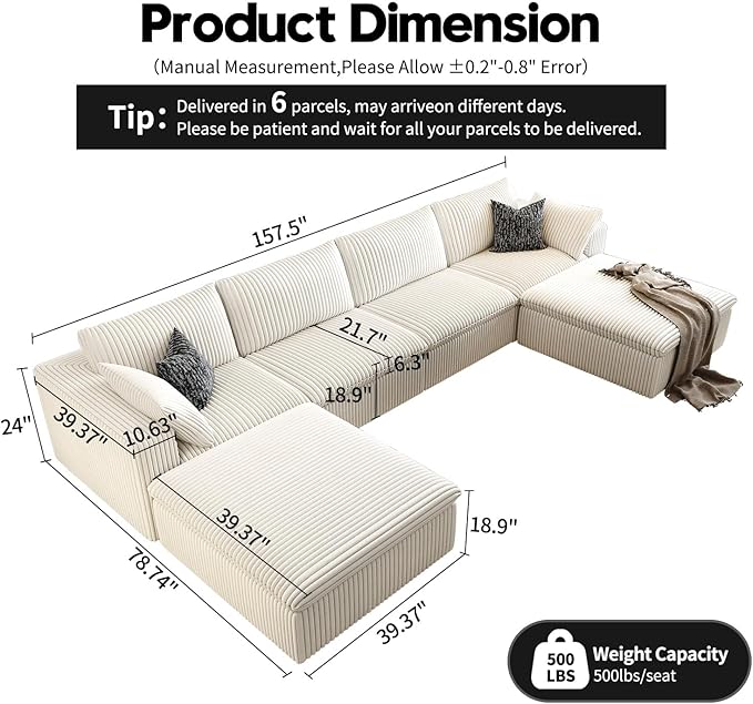 157.5" Cloud Couch Oversized Modular Sectional Sofa for Living Room,Modern Sofa with Deep Seat,U-Shape Boneless Couch with 2 Ottoman,Comfy Upholstered Couches for Apartment, Studio, Office,White