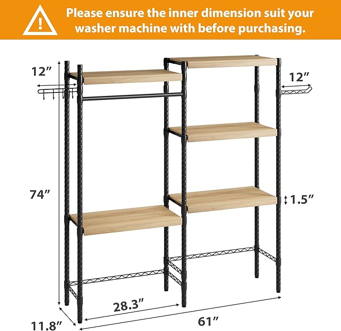 5-Tier Over-The-Washer Shelf - Adjustable 28" Laundry Organizer with 100lb Double Wood Shelves, Space-Saving Storage Unit for Small Homes (Natural & Black)