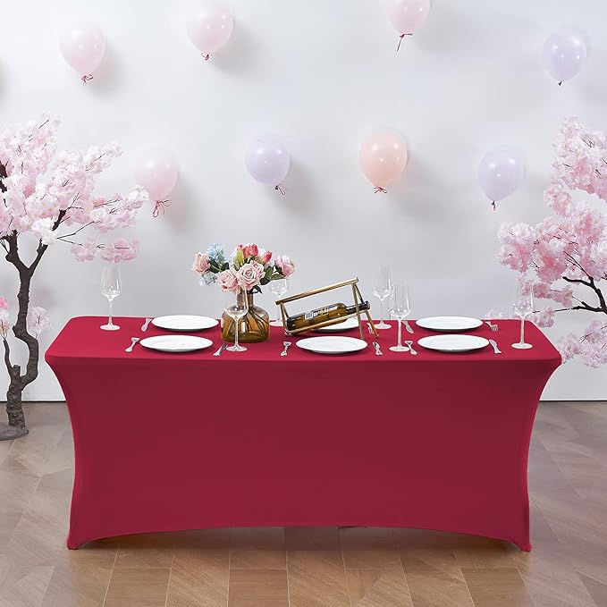 CWK 4FT Waterproof Stretch Spandex Table Cover for Rectangular Tables - Elastic Fitted Tablecloth for Folding Tables,Wrinkle Resistant Table Cloth for Parties, Weddings, Banquets & Events(Apple Red)