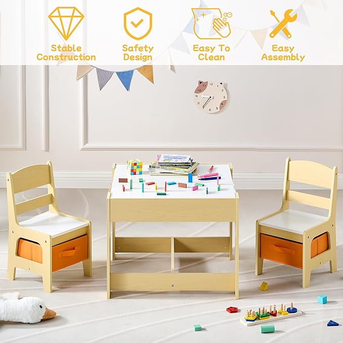 Kids Table and Chair Set, 3 in 1 Wooden Activity Table with Detachable Tabletop, Toddler Table and Chair Set with Storage Drawer, Kids Play Table for Children Art, Craft, Eating, Learning