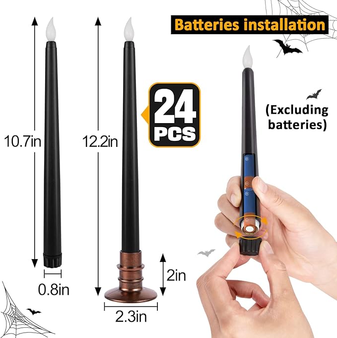 Alphatool 24 Pcs Halloween Black LED Flameless Candles with Bases - Flicker Flame, Tall Taper Smokeless Dripless Candles, Decor for Fireplace Diningtable Bar School