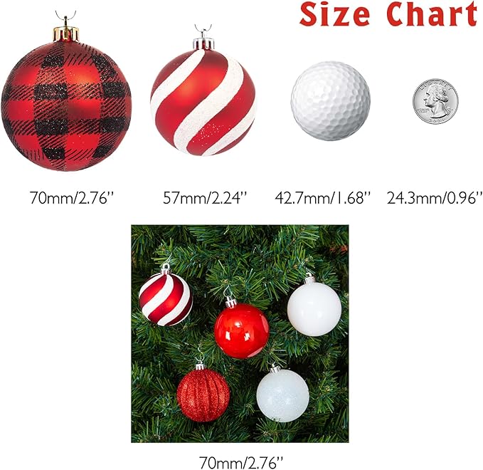 Every Day is Christmas Ornaments, Shatterproof Christmas Tree Ornament Set, Christmas Balls Decoration 35 Count (2.75"/70mm, Red White)