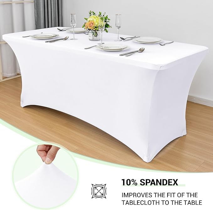 Obstal 4Ft Stretch Spandex Table Cover for Standard Folding Tables - 2 Pack Universal Rectangular Fitted Tablecloth for Party, Banquet, Events, Trade Show (White, 48L x 24W x 30H Inches)