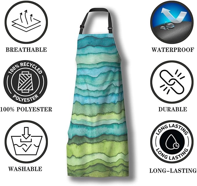 Garden Apron for Women Blue and Green Waves Cute Aprons for Men for Kitchen Cooking Restaurant BBQ Painting Crafting Gardening 27” (W) x 31” (H), Waterproof Apron