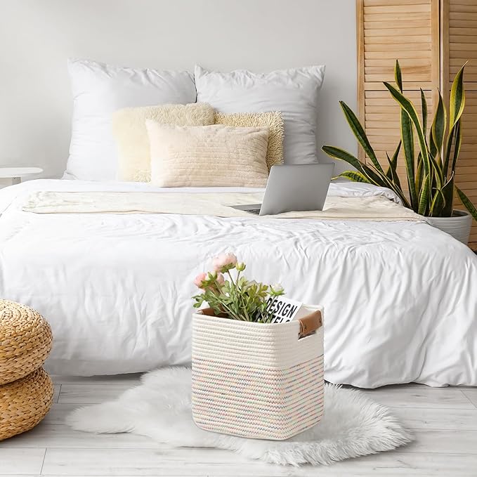 danpinera 11"x11" Storage Cubes, Soft Boho Storage Basket with Neat Stitching, 3-Pack Cube Storage Organizer, Woven Baskets for Storage in Living Room, Kids Room, Bedroom, Rainbow