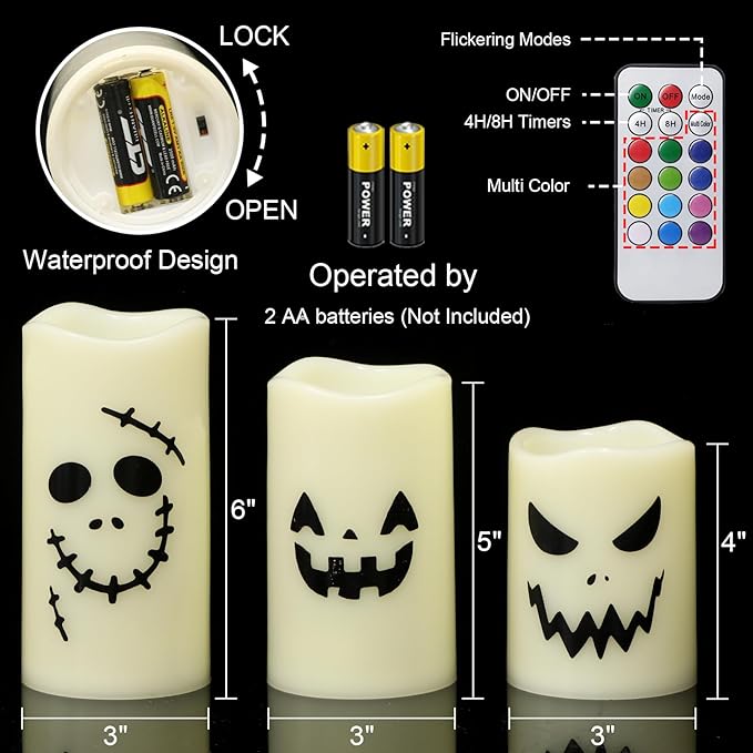 GenSwin Flameless LED Pillar Candles - Battery Operated, 12 Color Changing, Remote Timer, Perfect for Halloween, Fall Decor (3 x 4 x 5')