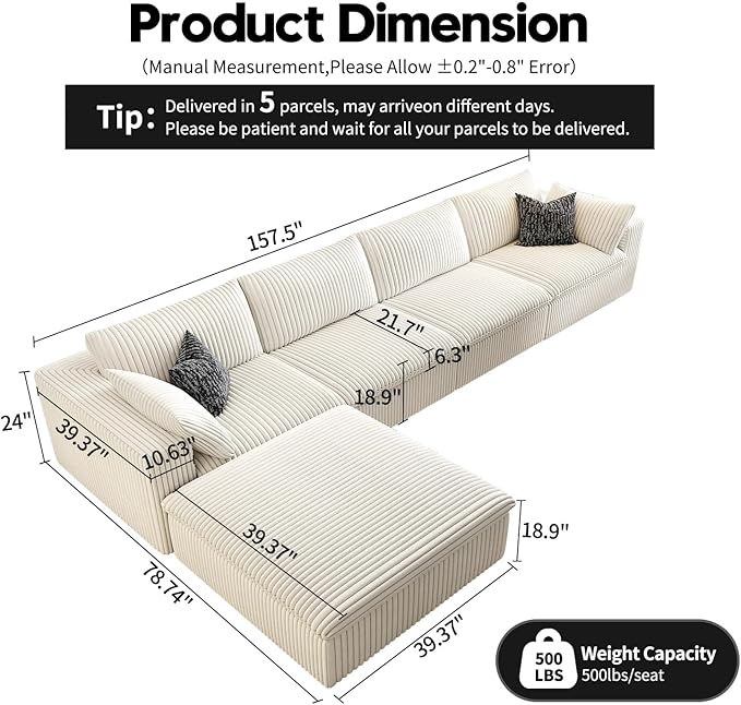 157.5" Cloud Couch Modular Sectional Sofa for Living Room,Modern Sofa with Deep Seat,L-Shape Boneless Couch with Ottoman,Comfy Upholstered Corduroy Couches for Apartment, Studio, Office,Bedroom,White