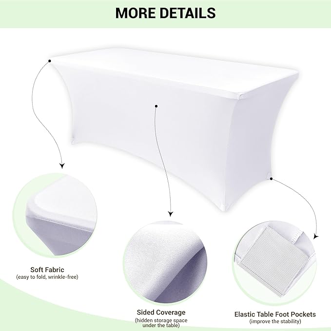 Obstal 8Ft Stretch White Spandex Table Cover for Standard Folding Tables - 2 Pack Universal Rectangular Fitted Tablecloth for Party, Banquet, Events, Trade Show (White, 96L x 30W x 30H Inches)