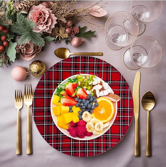 Henilosson Round 13 inch Charger plate - Classic Red Plaid design Charger - Christmas and New Year placemat (6, red+line)