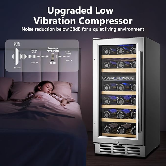 15 Inch Dual Zone Wine Refrigerator, 29 Bottle Under Counter Wine Fridge, Wine Refrigerator for Built-In or Freestanding, Wine Cooler with Removable Shelves, Double-Layer Glass Door, for Home