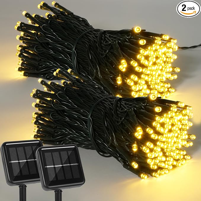 2 Pack 400 LED Solar String Lights, 8 Modes Solar String Lights for Outside, Waterproof and Solar Powered Outdoor String Lights for Holiday Christmas Yard Garden Tree Wedding Party (Warm White)