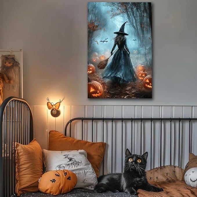 Vintage Moody Halloween Witch Artwork Wall Decor,Spooky Halloween Gothic Canvas Artwork Creepy Horror Witch with A Broom Pumpkin Bats Rustic Forest Picture,Dark Academia Poster,12"x18" Framed