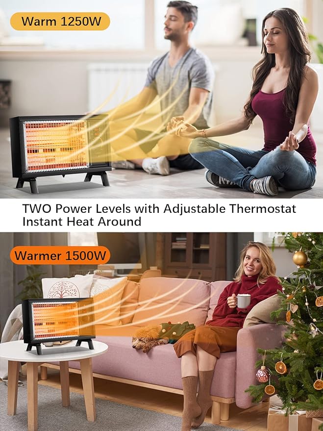 JASUN Portable Space Heater Electric Radiant Heater Fast Heating with Adjustable Thermostat, Portable Indoor Heater with Handle Quiet Energy-Saving 1250W/1500W for Office Home Garage Bedroom Black