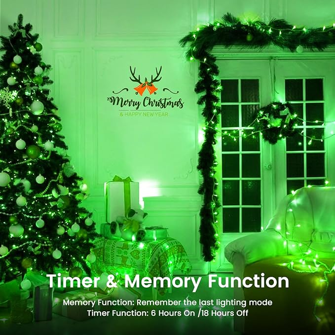 2 Pack Halloween String Lights Battery Operated with Timer, 66FT 200 LED Waterproof Battery Fairy Lights, 8 Modes Twinkle Light for Indoor & Outdoor Party Bedroom Garland Tree Christmas Decor (Green)