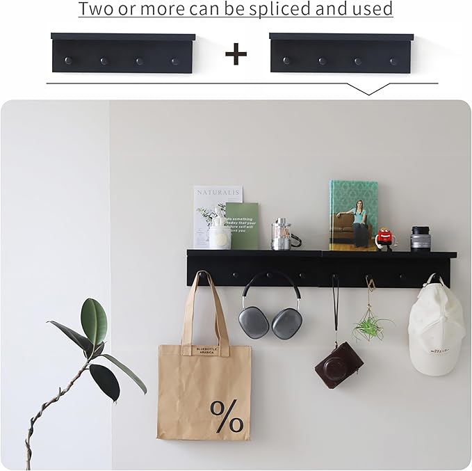 Entrance Coat Rack ,Coat Hooks, Wall-Mounted Wooden Hook Rack, Wall-Mounted Shelves are Very Suitable (Black Finish-1)