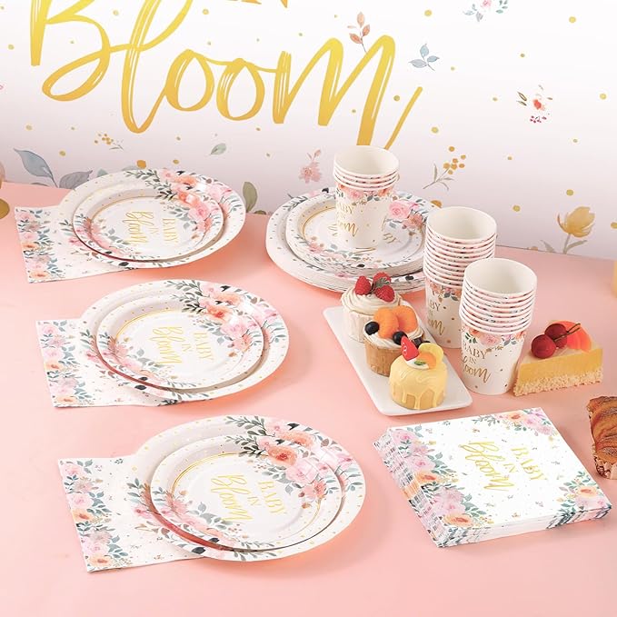 169 Pcs Baby in Bloom Baby Shower Decorations for Girl , Its a Girl Baby Shower Plates and Cups and Napkins Sets, Pink Floral Plates Serves 24, Spring Summer