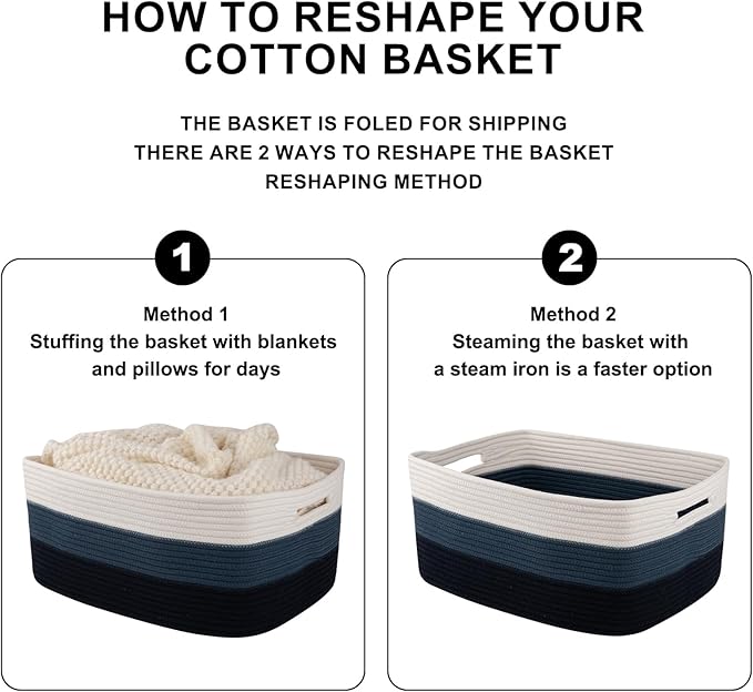 Large Storage Basket for Organizing, Woven Rope Basket for Shelves, Closet Organizer Bins for Clothes, Blanket, Toys, Baby Nursery Storage, 17.7" x 13" x 7.87", 2 Packs Gradient Blue