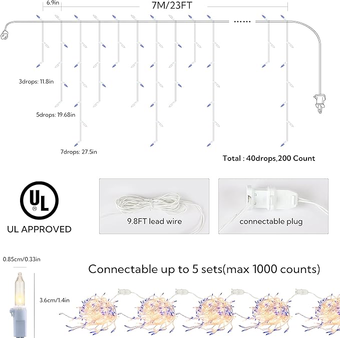 200ct Blue&Clear Mini Icicle Christmas Lights, 23FT White Wire Incandescent Bulb String Lights, Connectable Indoor Outdoor for Eaves, Window, Curtain, Party, Wedding